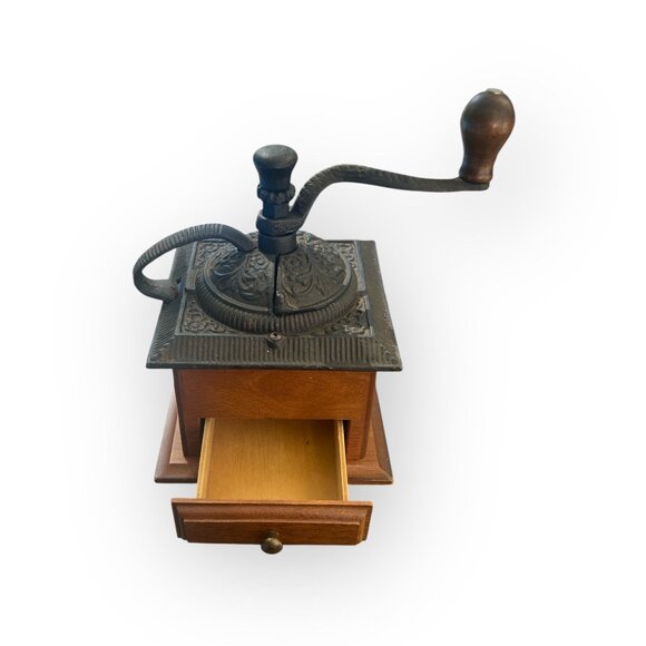 Vintage Cast Iron & Wood Manual Coffee Grinder With Ornate Design Hand Crank & S - Picture 2 of 4